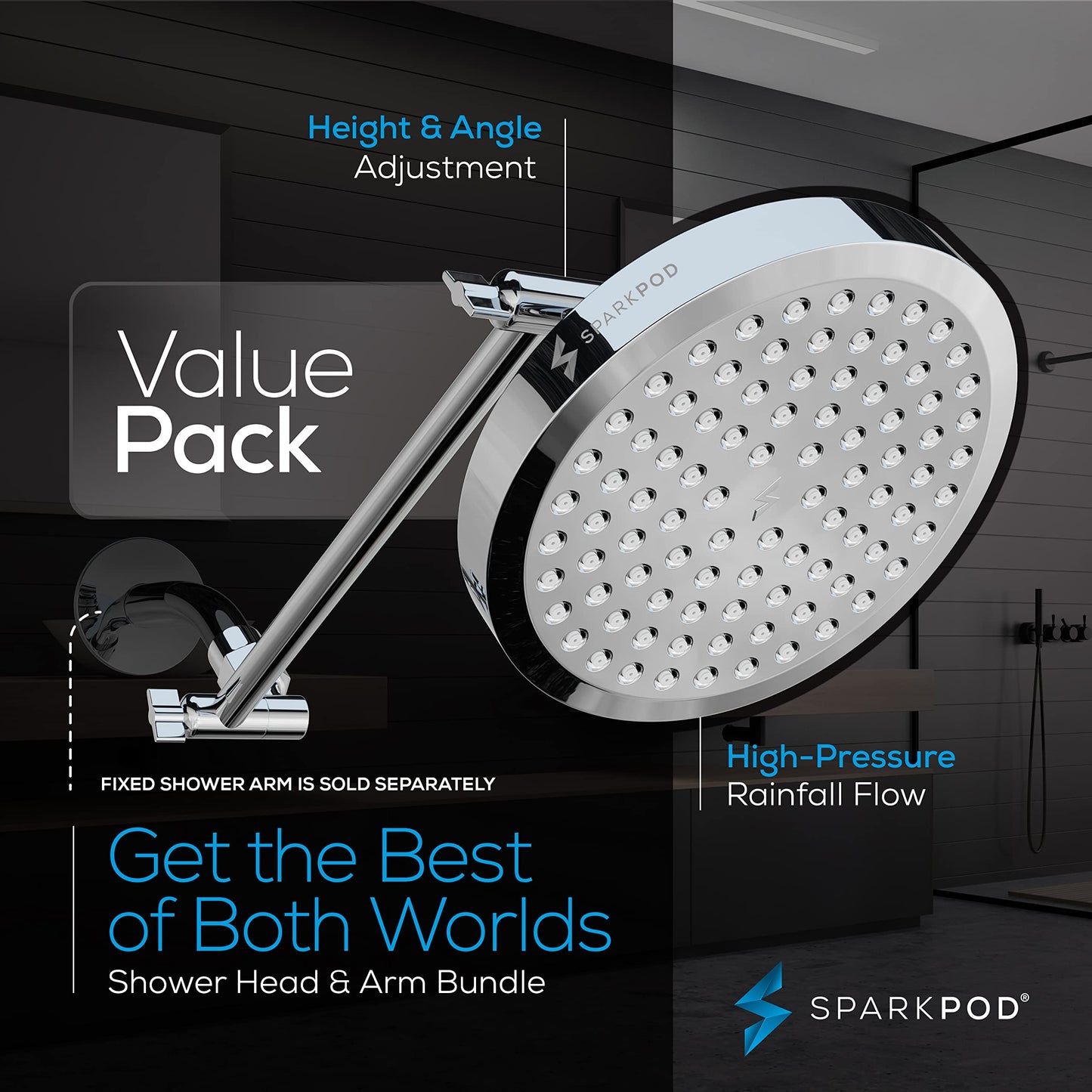 SparkPod Round Rain Shower Head with Extension Arm - Height Adjustable Shower Head with High Pressure Performance - Easy 1-Minute Installation (11" Arm Extension, Luxury Polished Chrome)