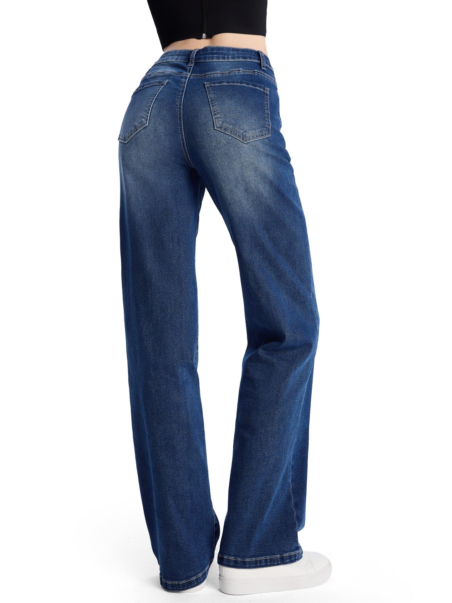 SEVEGO Women's 32"/34"/36" Tall Straight Leg Jeans Mid Waisted Stretchy Loose Denim Pants Casual Baggy Jean Trousers 34'', Blue, S