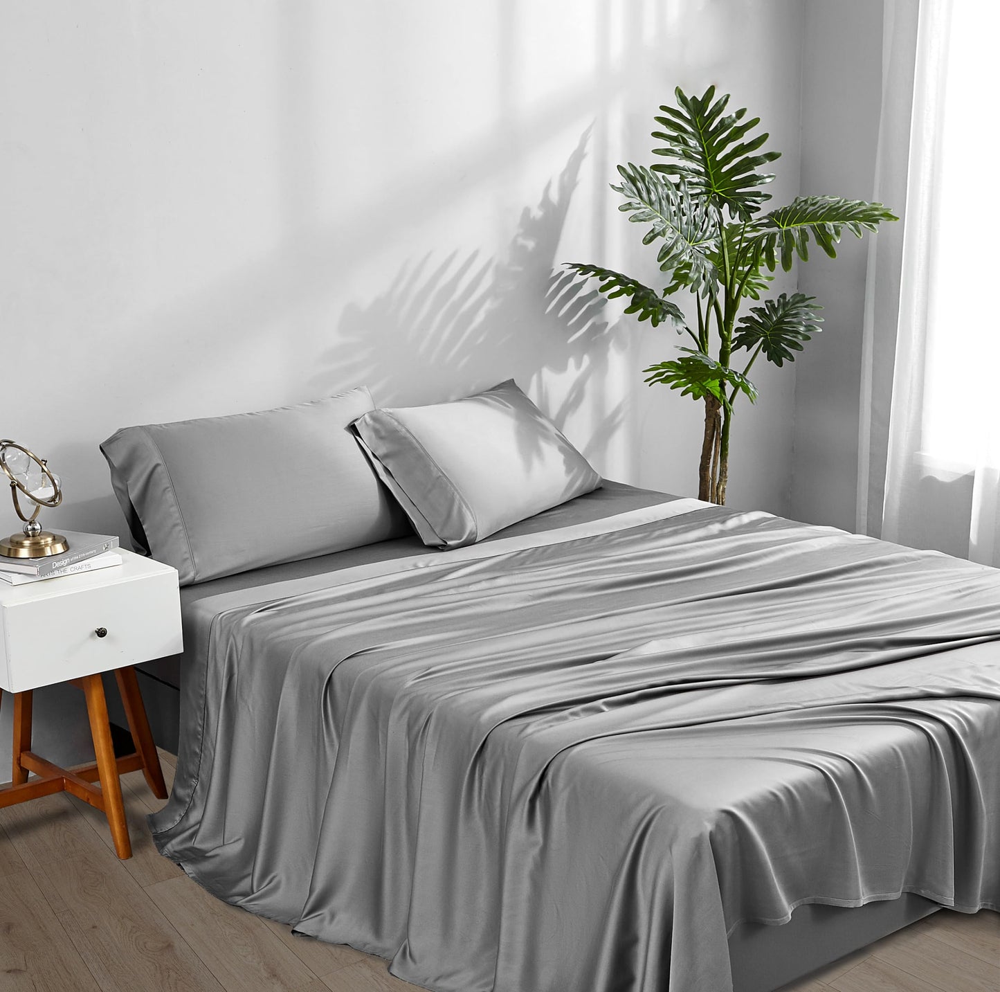 ACCURATEX Cooling Sheets California King Size - Viscose Made from Bamboo, Luxury Cool Silky Sheet Set for Cal King Size Bed, Super Soft Breathable Bed Sheets up to 16 inches Deep Pockect,Grey
