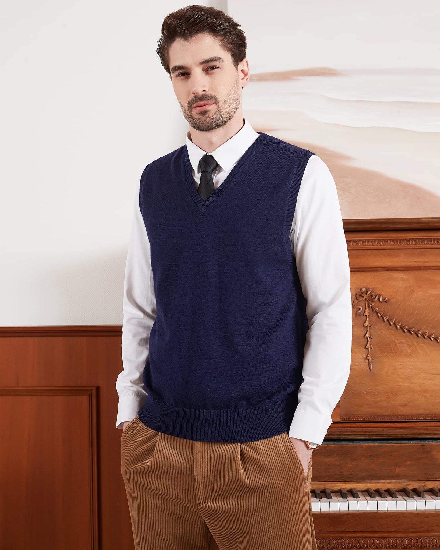 Kallspin Men's Big & Tall Wool Blended Vest Sweater Relaxed Fit V Neck Sleeveless Knitted Pullover (Navy Blue 3XL-Tall)