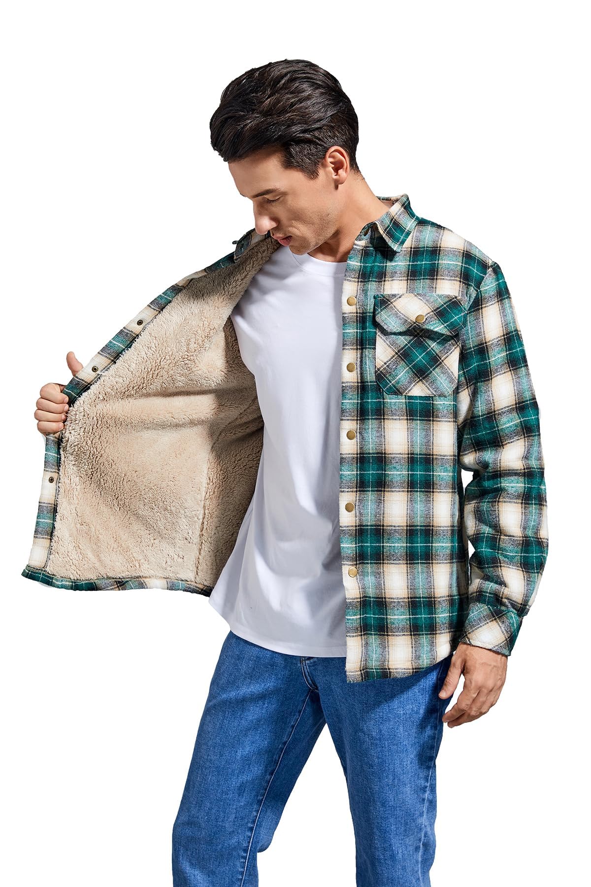 Puwasa Men's Cotton Flannel Shirt Jacket Long Sleeve Fleece Casual Button Down Plaid Jacket Brushed Soft Outdoor Coat with Pocket Green X-Large Tall