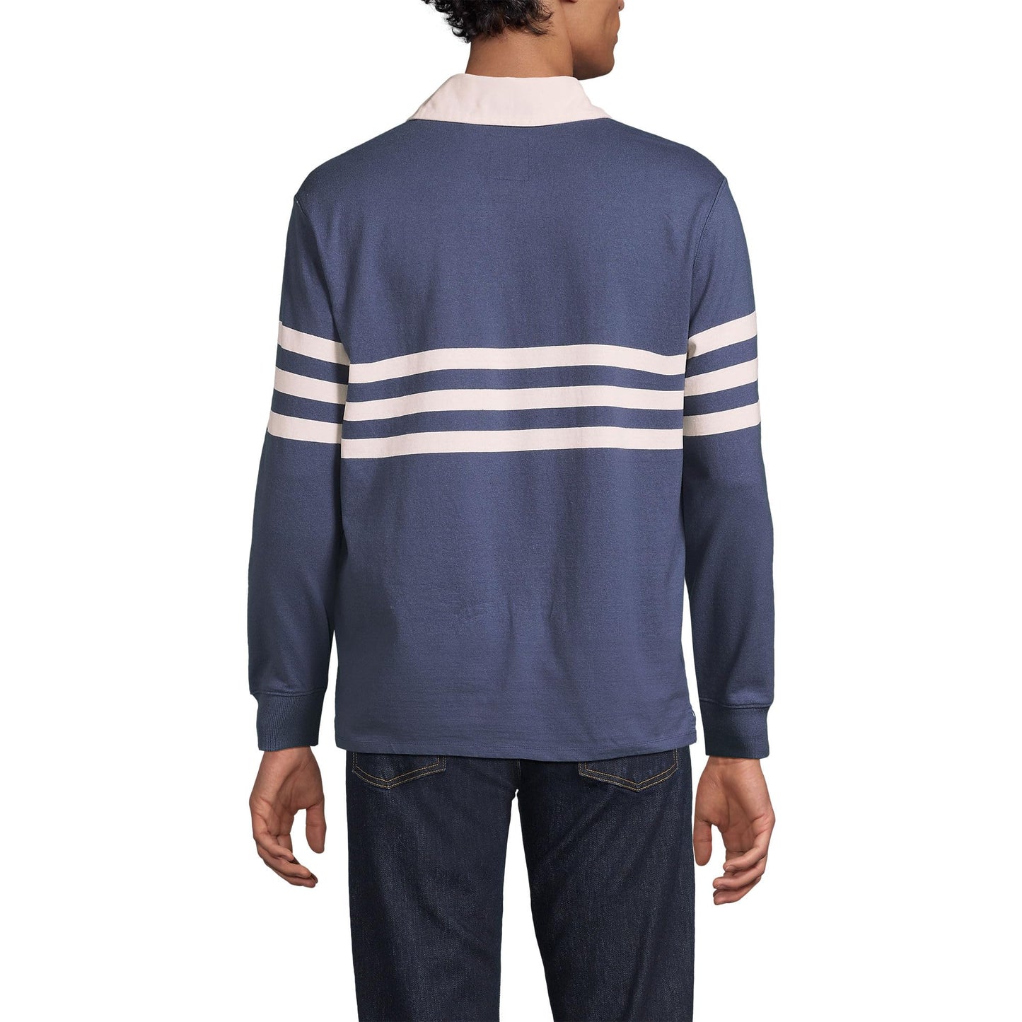 Lands' End Mens Long Sleeve Rugby Polo Shirt Nightfall Blue/Ivory Stripe Tall XX-Large