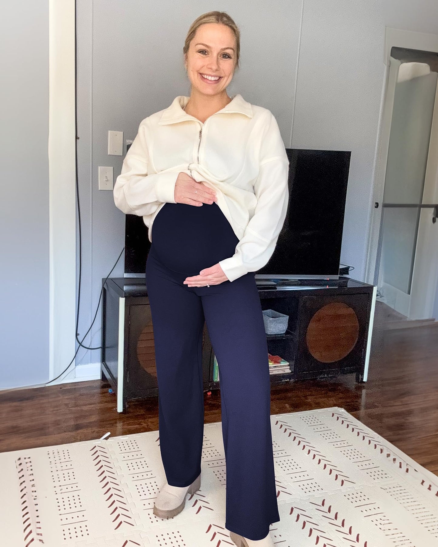 G4Free Maternity Work Pants Yoga Wide Leg Pregnancy Clothes Over The Belly Lounge Slacks Dress Work Trousers (Royal Blue,XXL,32")