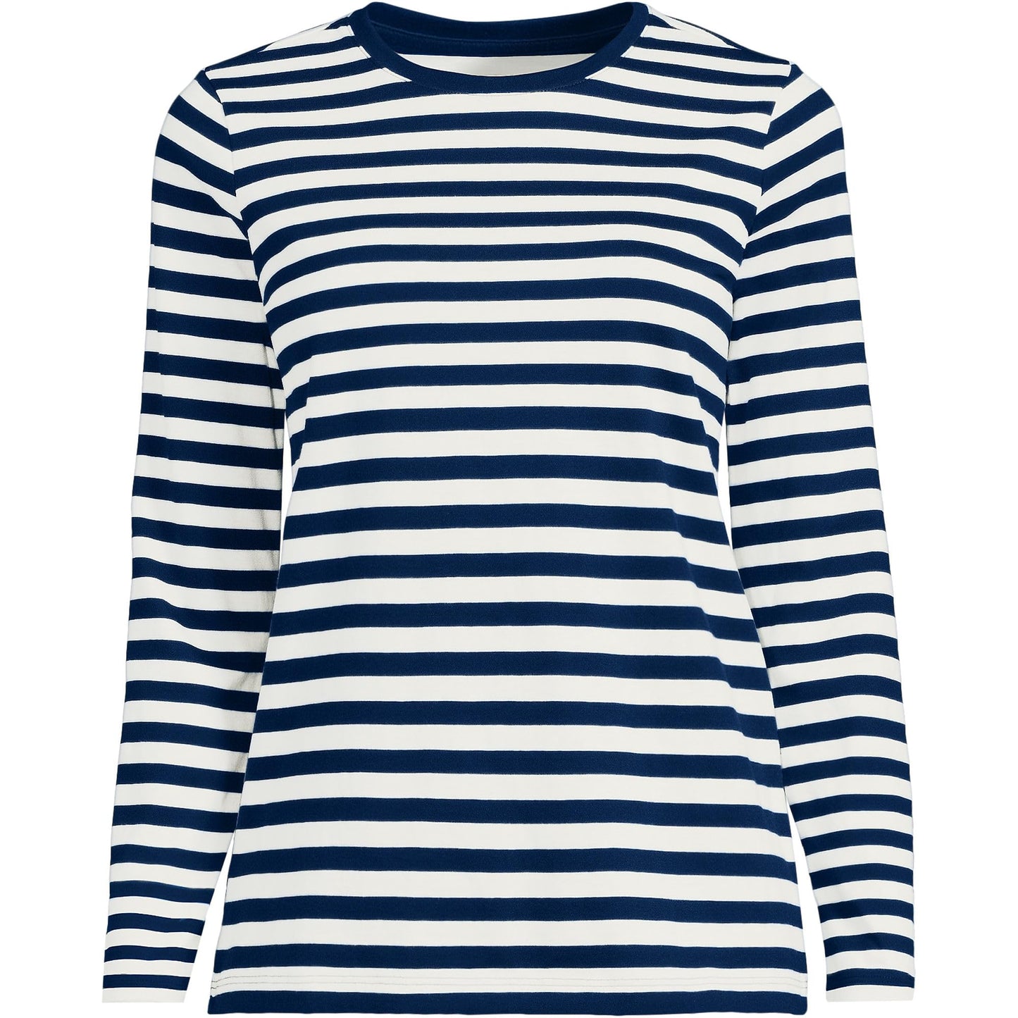 Lands' End Womens Long Sleeve Relaxed Supima Cotton Crew Neck T Shirt Deep Sea Navy Even Stripe Tall Small