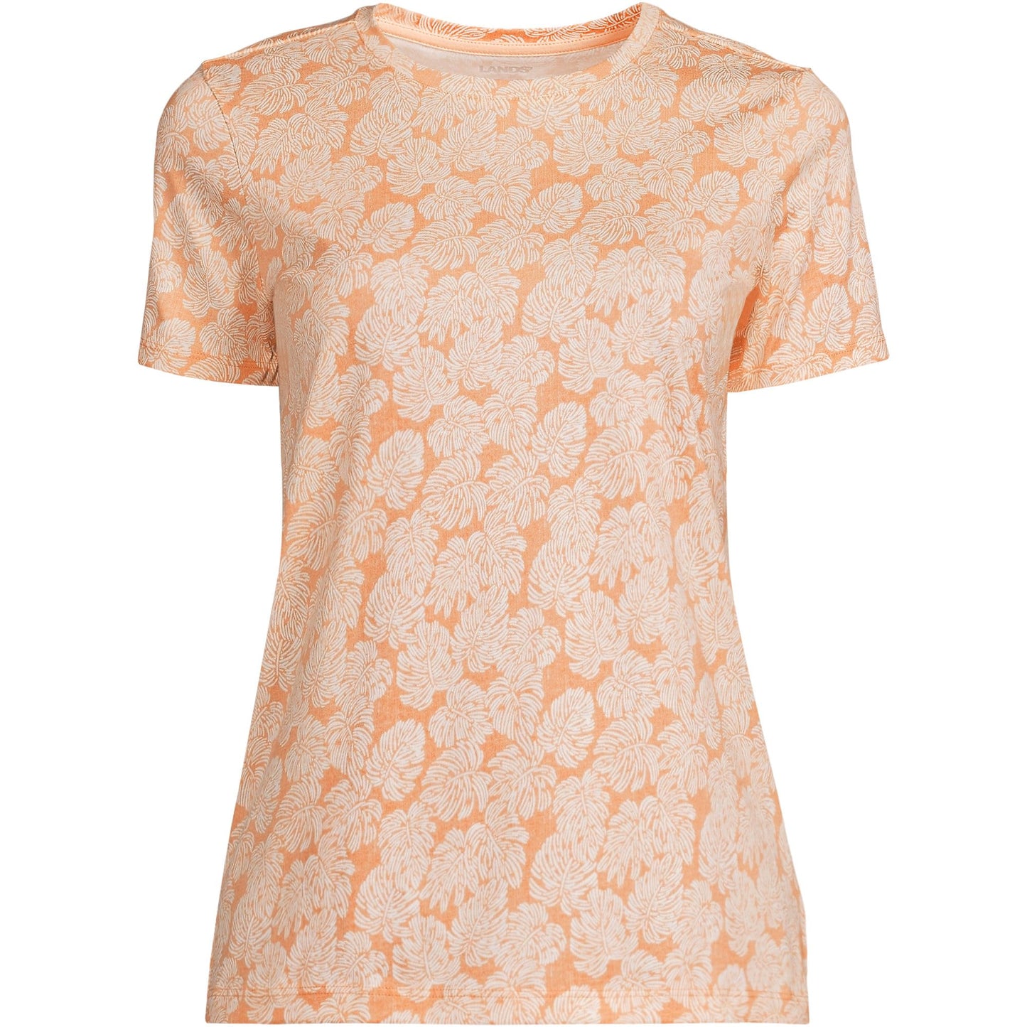 Lands' End Womens Short Sleeve Relaxed Supima Cotton Crew Neck T Shirt Orange Mist Palm Leaves Tall Large
