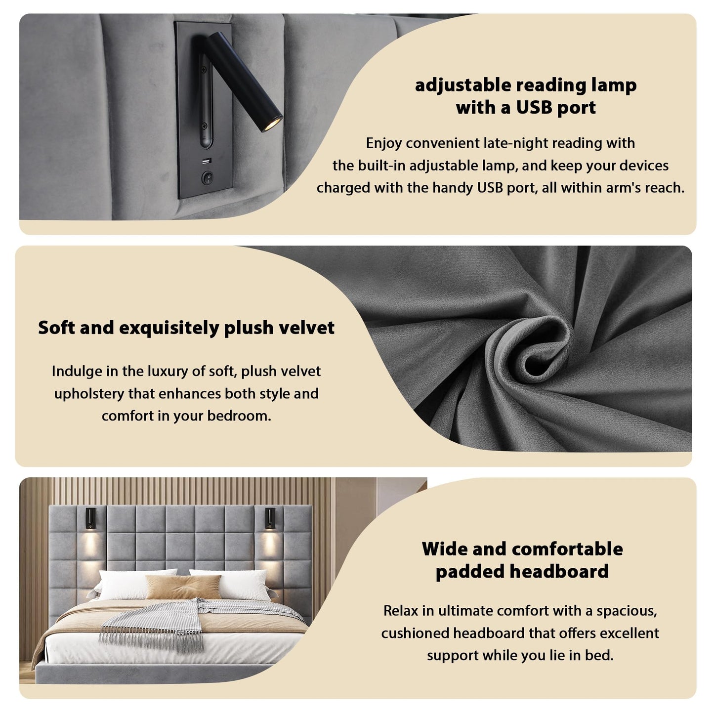 Merax California King Size Upholstered Velvet Bed Frame, with Wall Sconce and USB Port, Wide Headboard for Bedroom, (Without Bedside Tables & Mattress), Gray