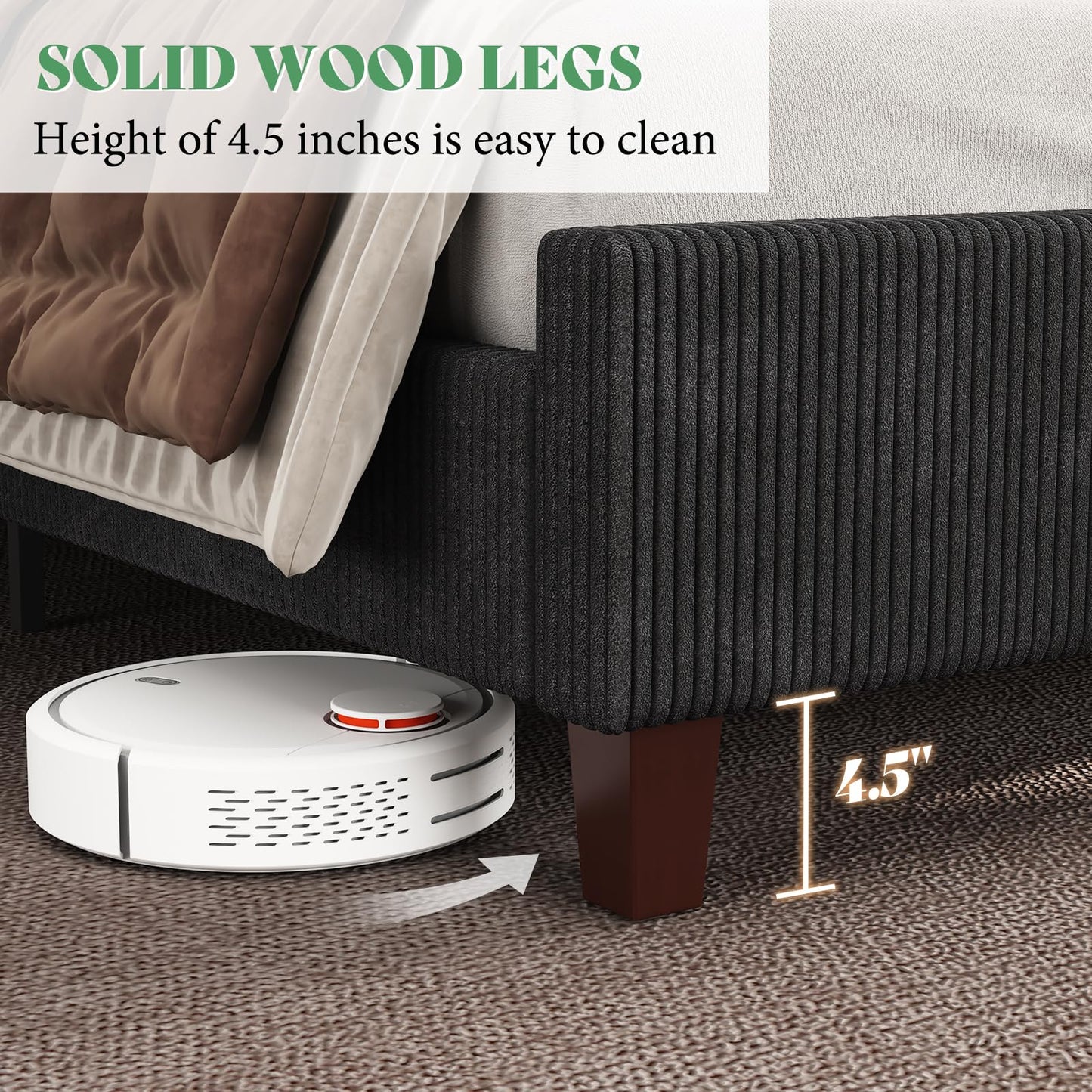 AMERLIFE California King Size Upholstered Bed Frame with 50.8" Tall Headboard, Wingback Platform Bed with Solid Wood Legs, Wooden Slats, Corduroy/No Box Spring Needed/Noise Free/Black