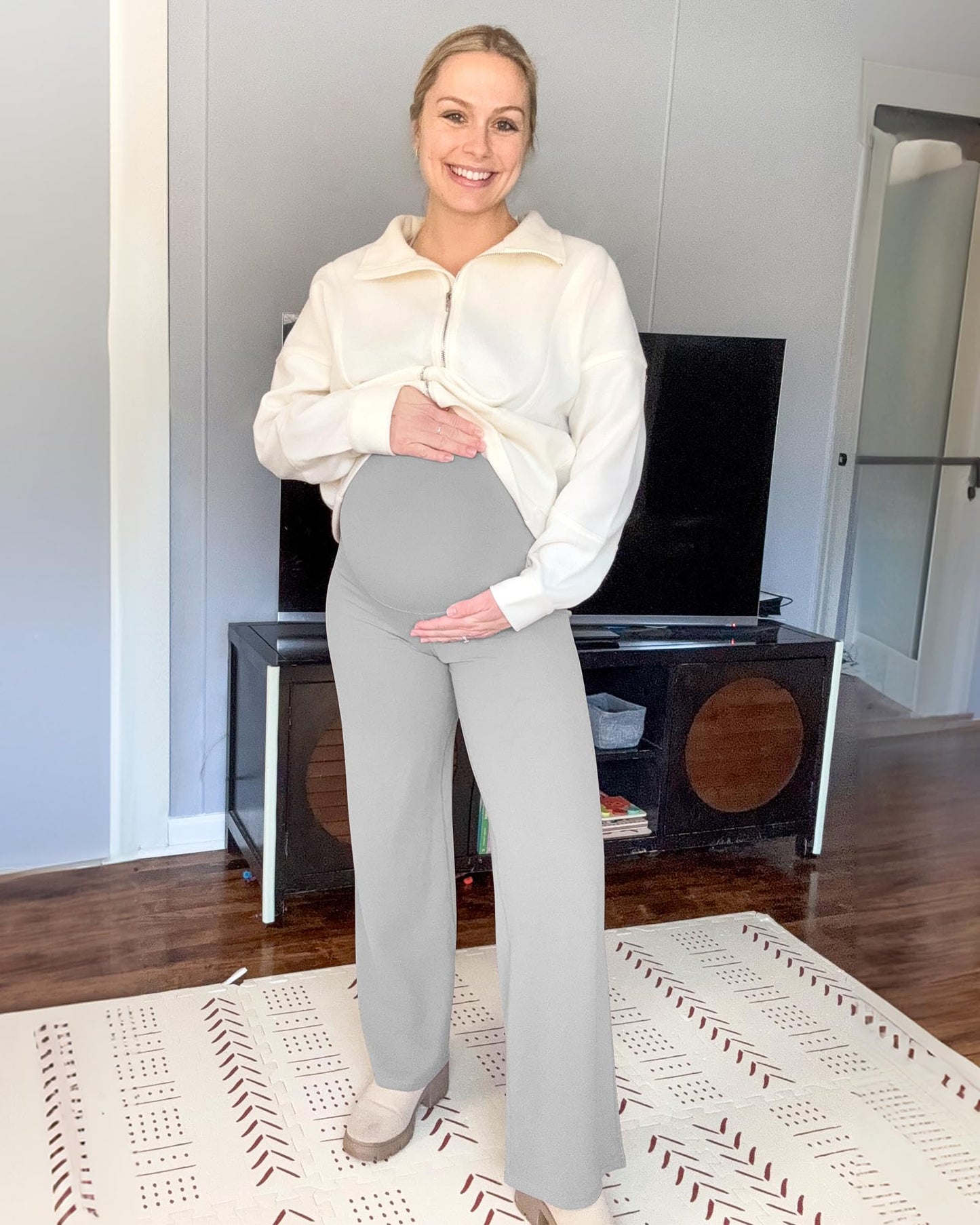 G4Free Maternity Yoga Pants Wide Leg Soft Pregnancy Clothes for Lounge Over The Belly Business Work Trousers Casual(Light Gray,XS,32")