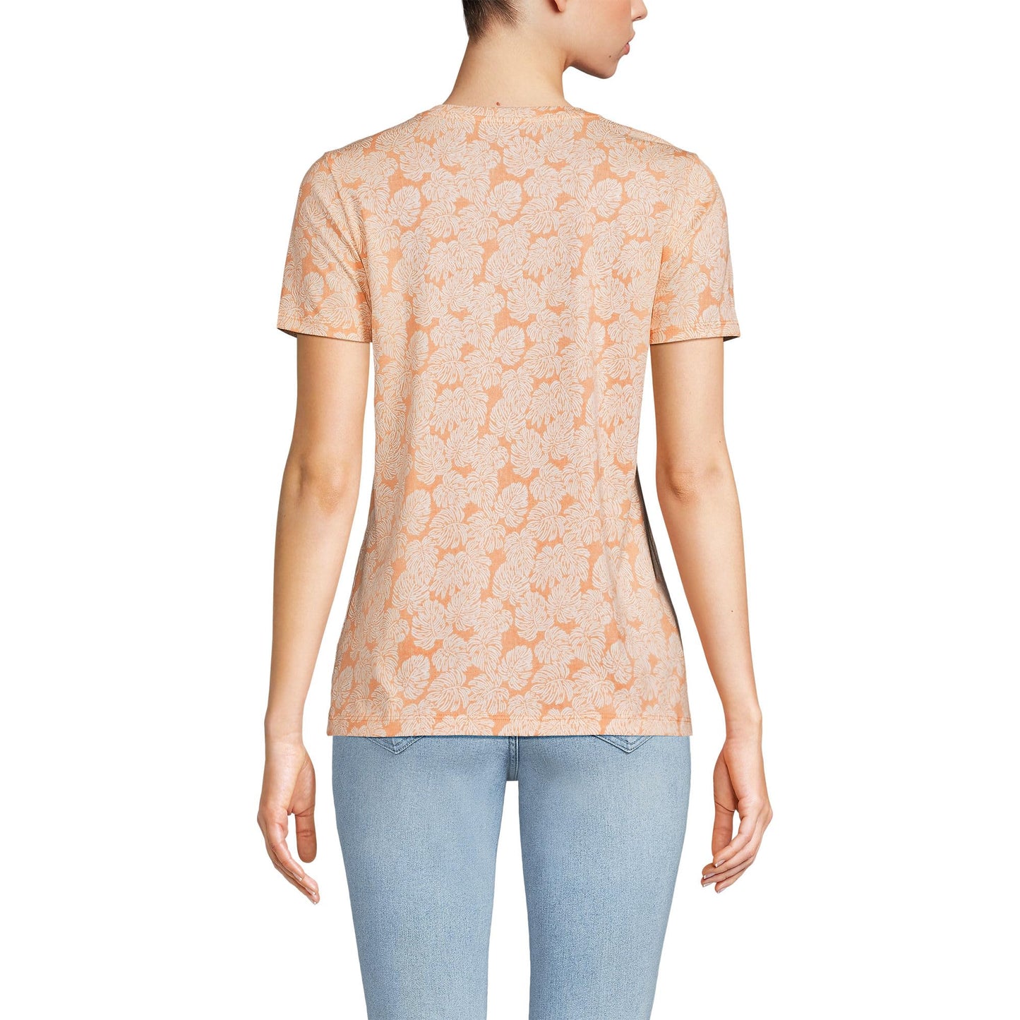 Lands' End Womens Short Sleeve Relaxed Supima Cotton Crew Neck T Shirt Orange Mist Palm Leaves Tall Large