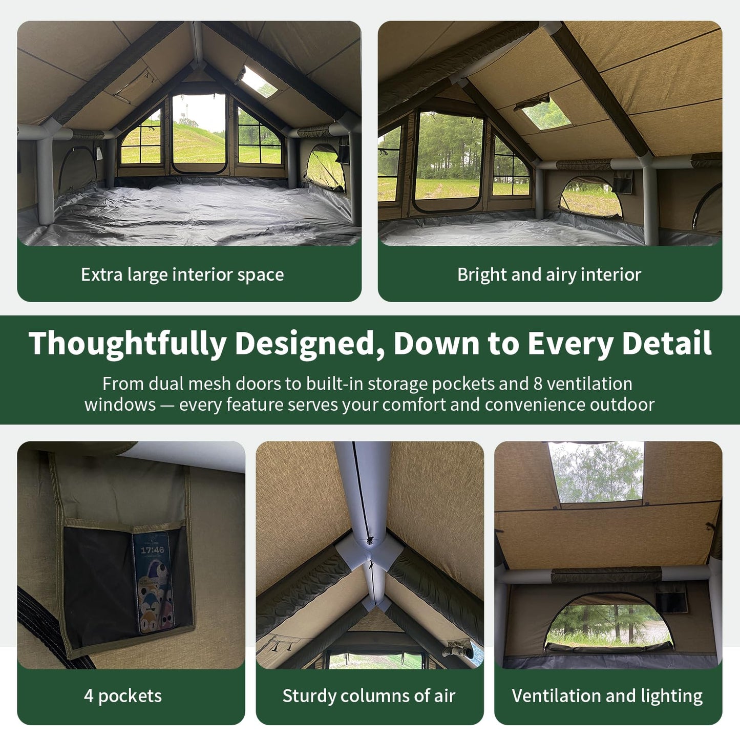 NANJEEN™ | Large Luxury Inflatable Camping Tent,Wind & Rain Resistant,12㎡ Interior,2-4-6-8-10 Person Shelter,8 Minutes Fast Setup with Hand Pump,Chimney Port, Dual Doors,Mosquito-Proof Mesh Windows