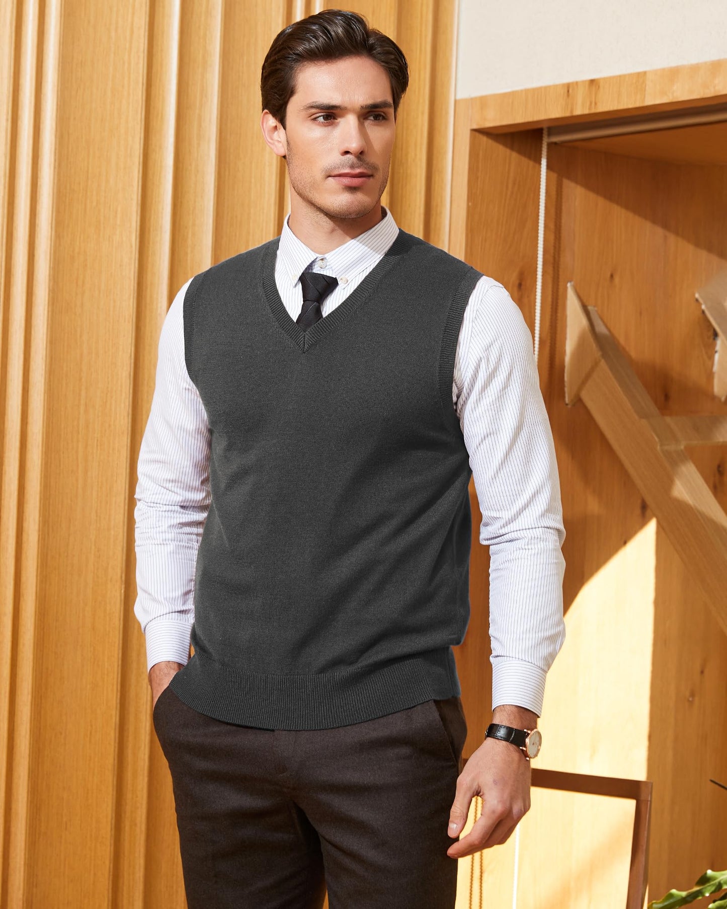 Kallspin Men's Big & Tall Wool Blended Vest Sweater Relaxed Fit V Neck Sleeveless Knitted Pullover (Charcoal 2XL-Tall)