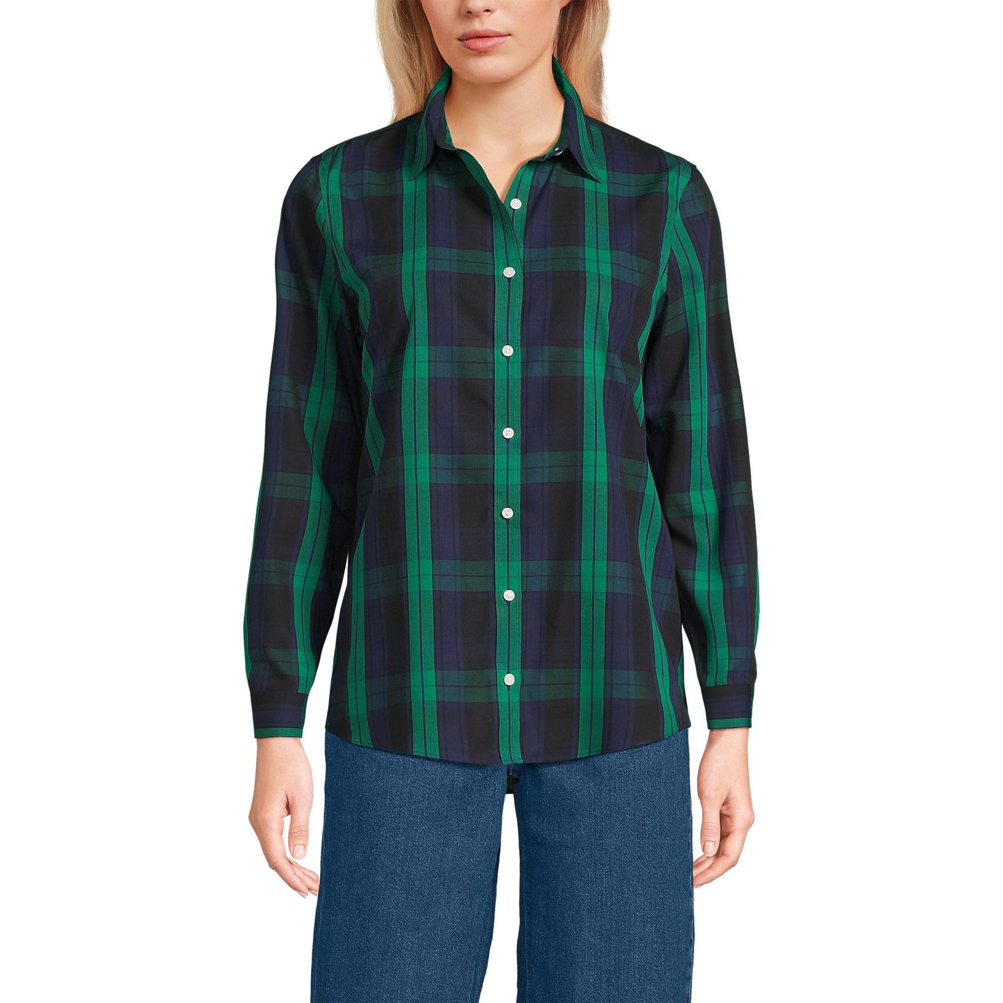 Lands' End Womens LS No Iron Button Front Shirt Rich Clover/Navy Plaid Tall 6