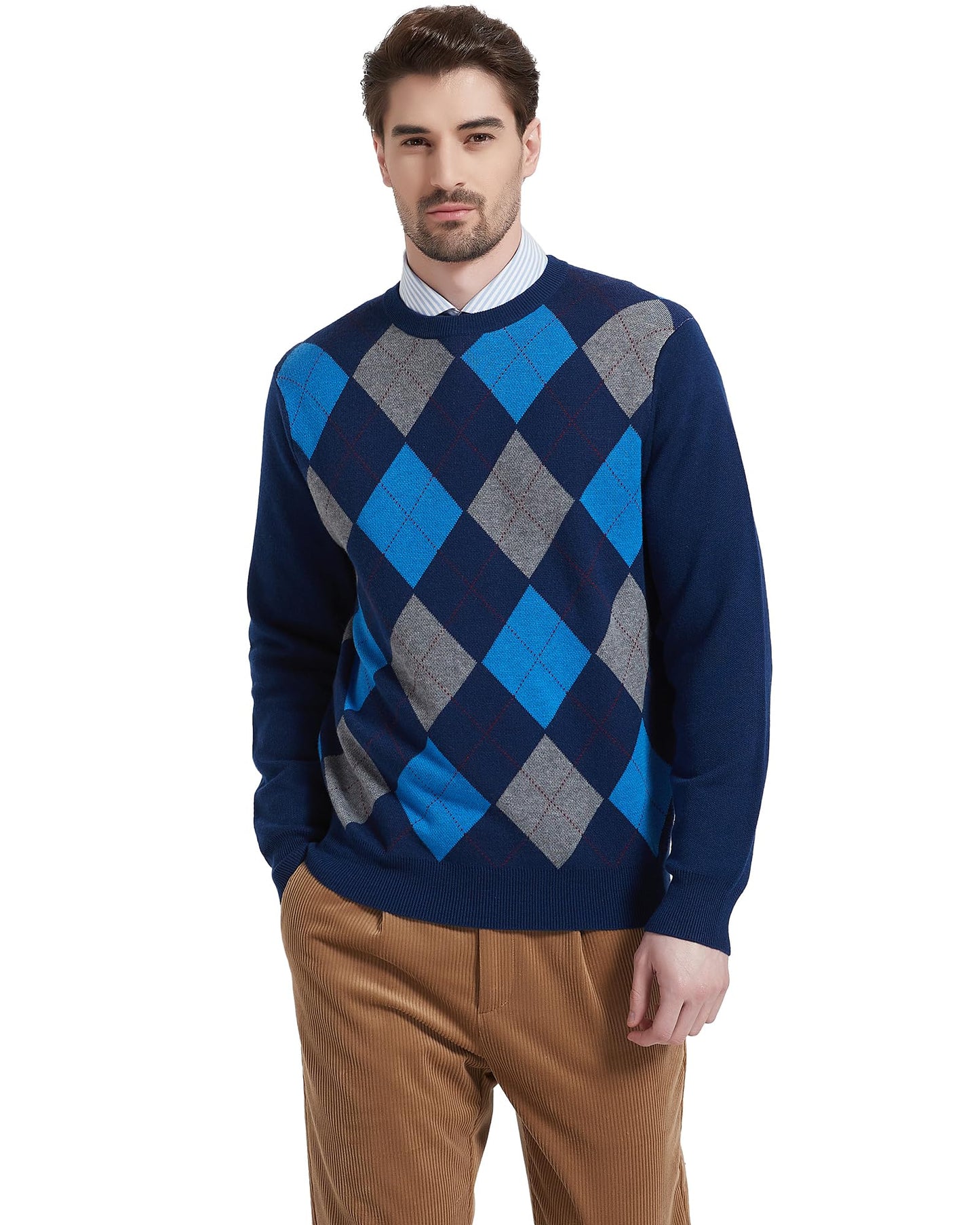 Kallspin Men's Wool Blend Crewneck Sweater Argyle Long Sleeve Pullover Sweater for Casual Or Dressy Wear(Navy Blue,L-Tall)