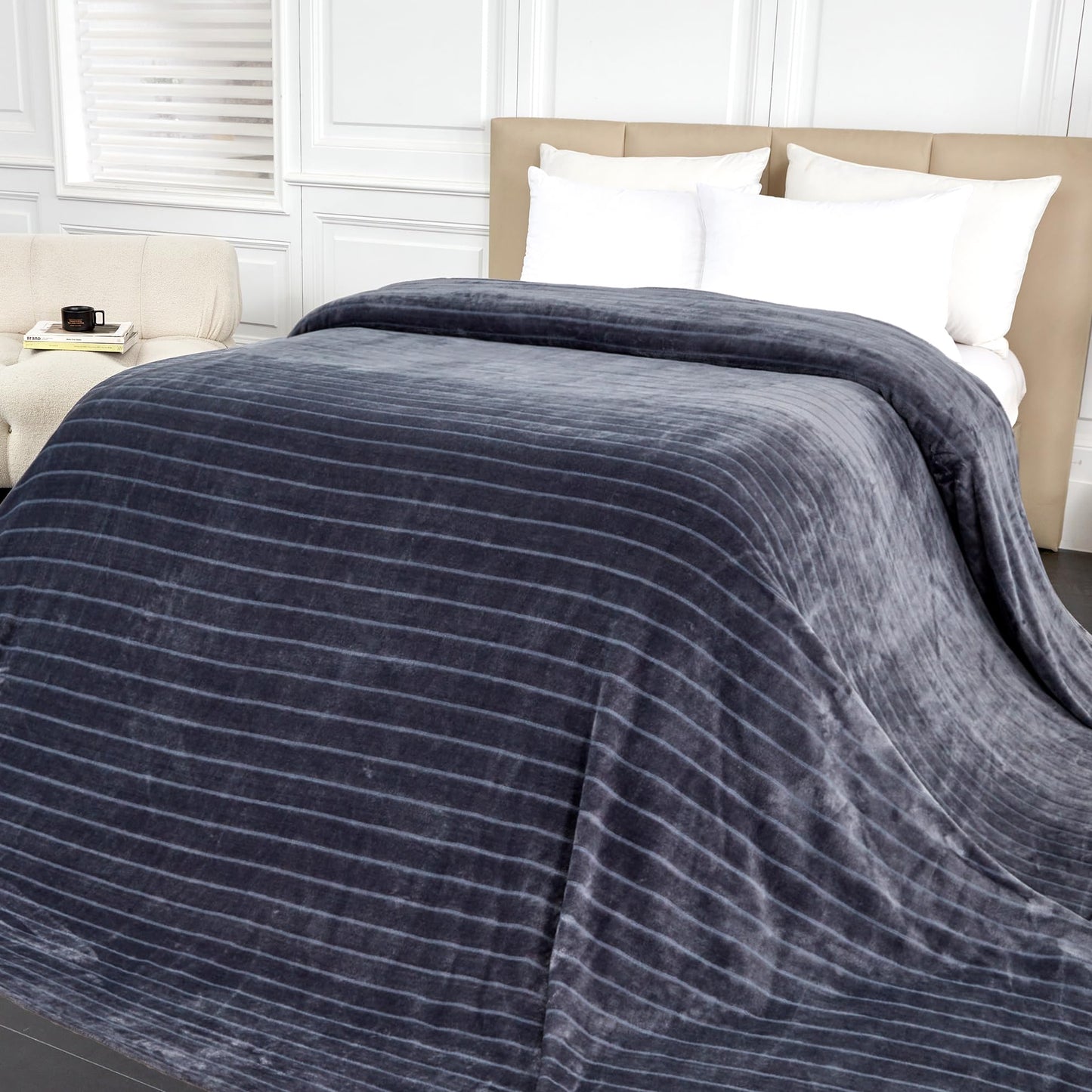 Serenhom Extra Large 120x120 Inch Giant Soft Cozy Fleece Blanket, Huge Oversized Seamless King 3D Jacquard Decorative California King Blanket for Bed, Couch, Travel - Striped Dark Grey