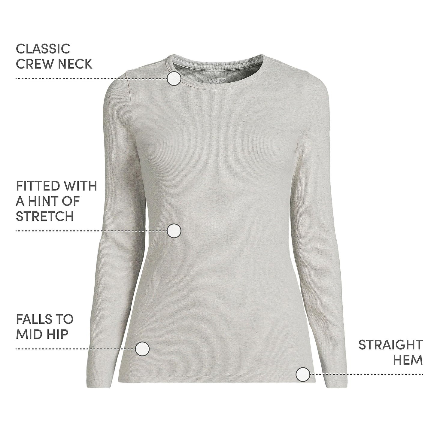 Lands' End Womens Long Sleeve Micro Rib Crew Gray Heather Tall Medium
