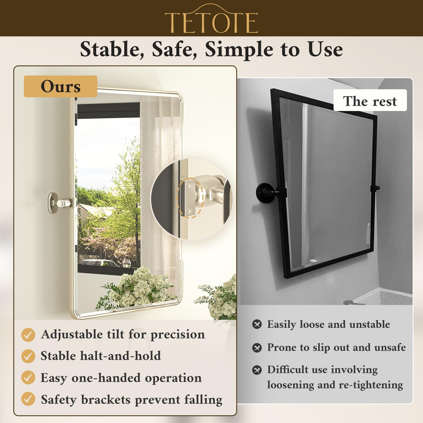 TETOTE Pivot Bathroom Mirror Brushed Nickel 30 x 36 Tilting Beveled Rectangle Metal Framed Mirror, Farmhouse Adjustable Tilt Rounded Corner Vanity Mirror, Horizontal/Vertical, Easy to Install