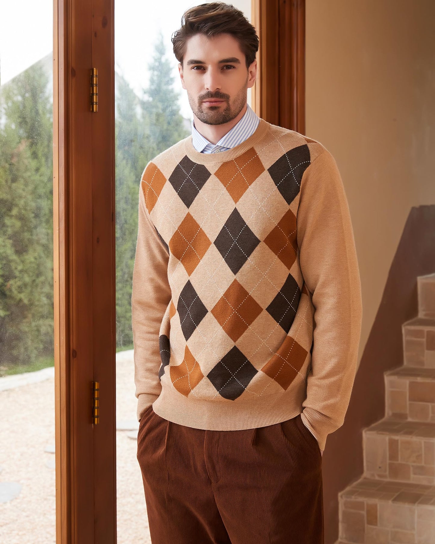 Kallspin Men's Wool Blend Crewneck Sweater Argyle Long Sleeve Pullover Sweater for Casual Or Dressy Wear(Khaki,L-Tall)
