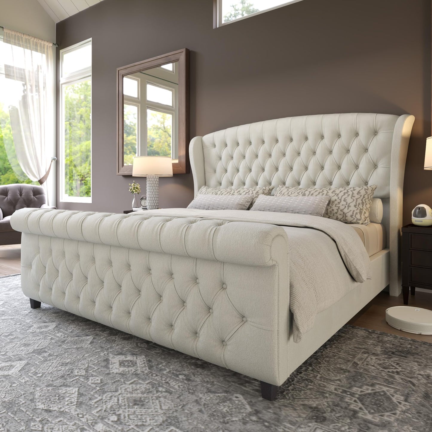 AMERLIFE California King Size Platform Bed Frame, Velvet Upholstered Sleigh Bed with Scroll Wingback Headboard & Footboard/Button Tufted/No Box Spring Required/Cream