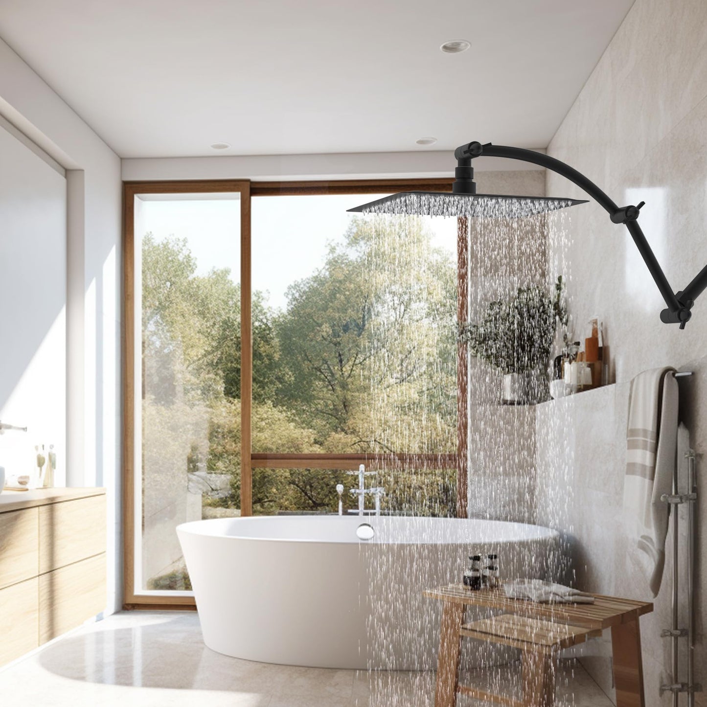 Hibbent All Metal 16'' Shower Head Extension Arm, Solid Brass Flexible Height & Angle Adjustable Shower Head Arm Extender with Lock Joints, Stainless Steel G1/2 Universal Connection, Matte Black