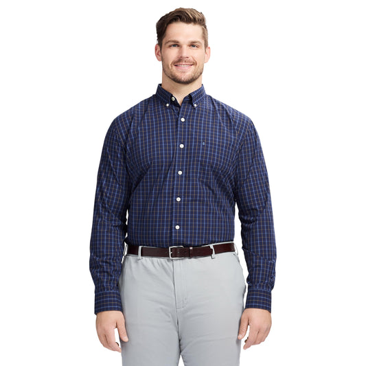 IZOD Men's Big and Tall Performance Comfort Long Sleeve Gingham Button Down Shirt, Peacoat, XX-Large Tall