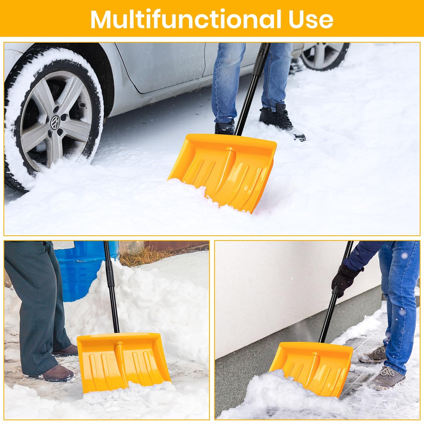 Snow Shovel for Driveway Stairs Decks Garage Snow Removal with Telescopic 52-59 inch Long Handle Lightweight Household Snow Shovel for Soft and Light Snow Removal (16 inch Wide)