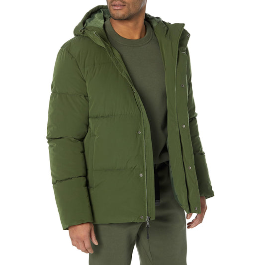 Amazon Essentials Men's Mid-Length Hooded Puffer Coat (Available in Big & Tall), Dark Olive, 3X-Large Big Tall