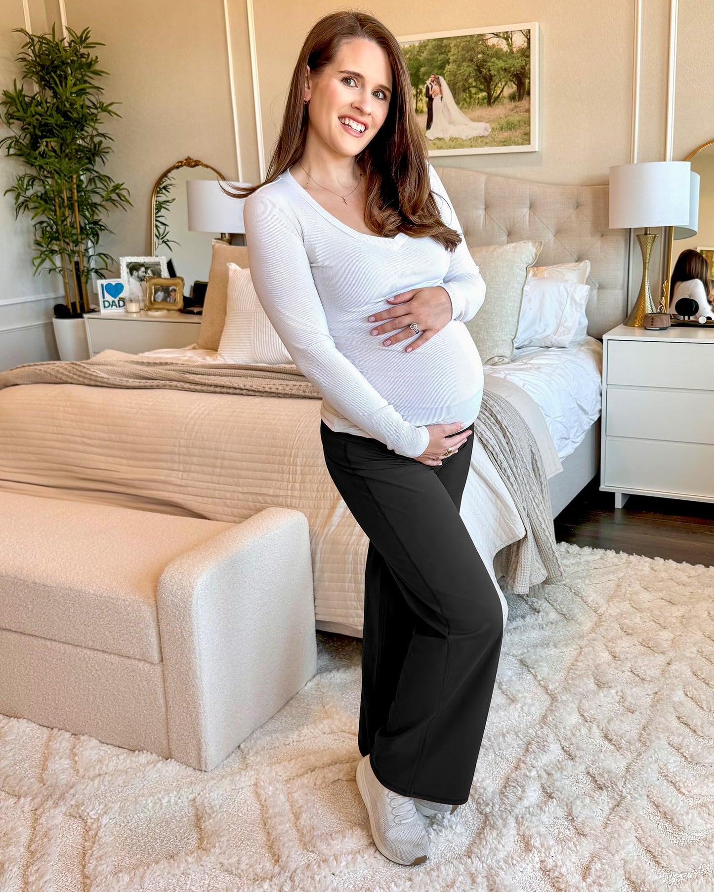 G4Free Woman Maternity Yoga Pants Wide Leg Trousers High Waist Pregnancy Workout Trousers Stretchy Business Casual Wear(Black,XS,34")