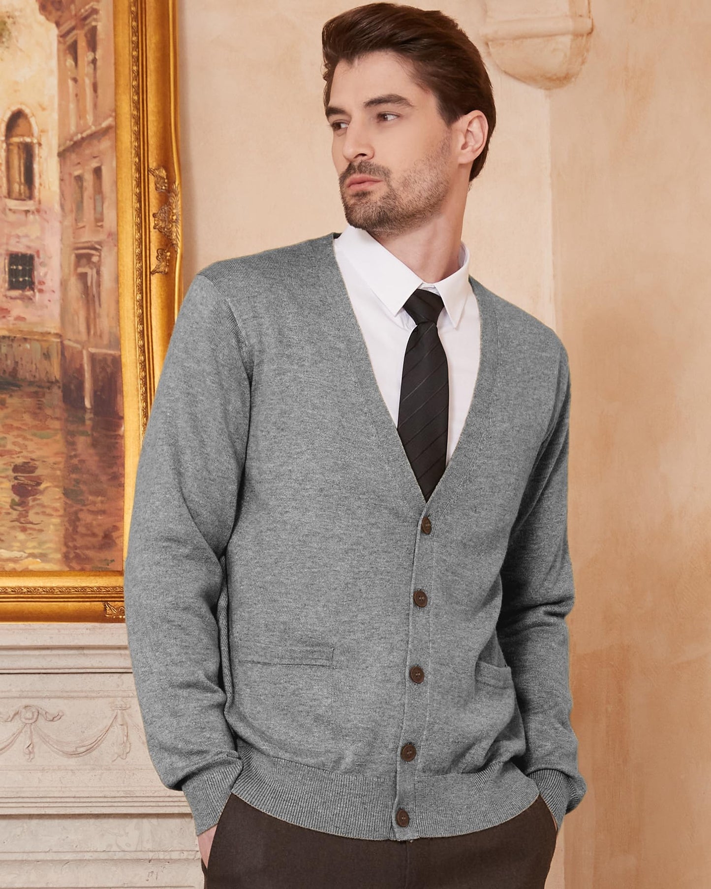 Kallspin Men's Tall Cardigan Sweaters Wool Blend V Neck Button Down Sweaters with Pockets(Light Grey, 2XL-Tall)