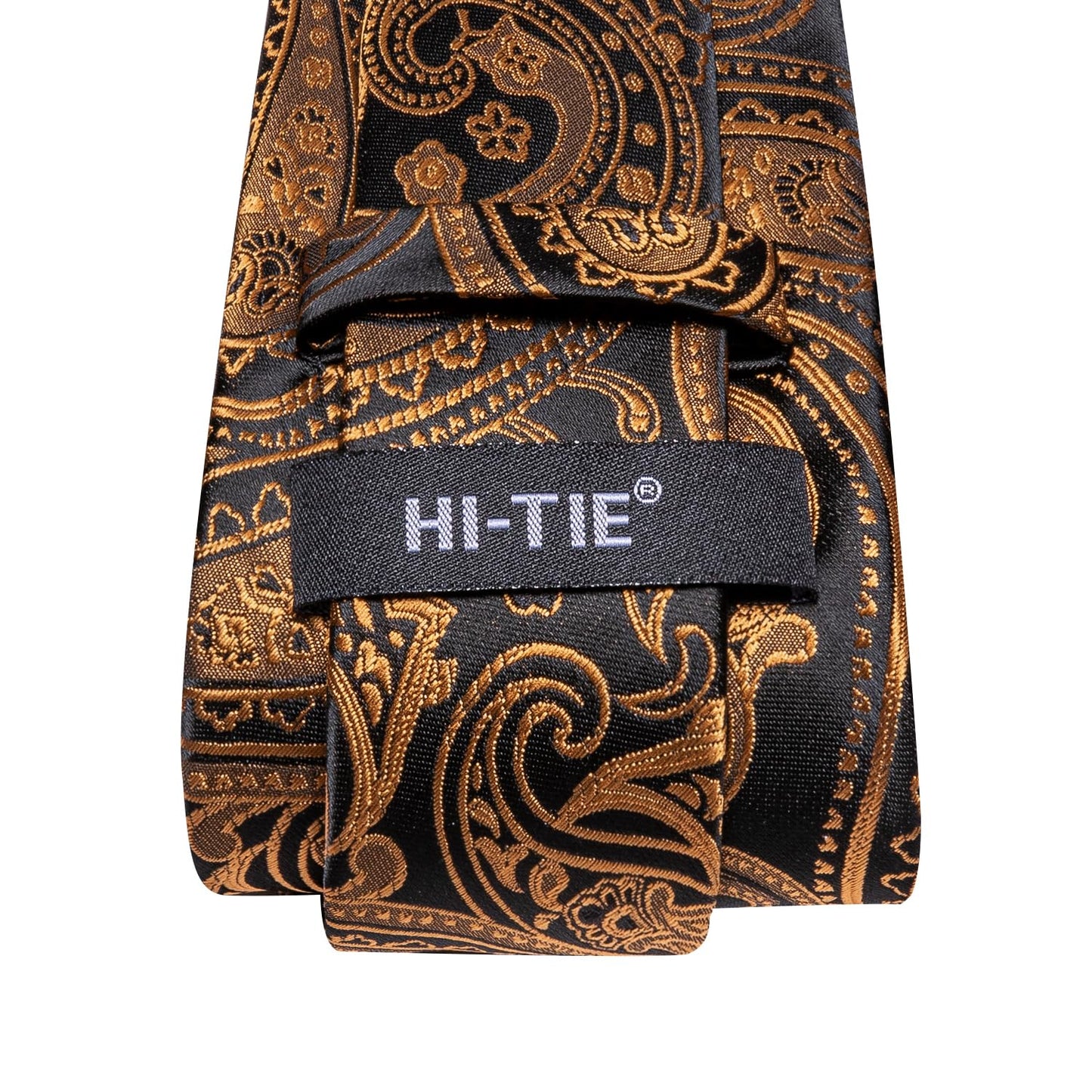 Hi-Tie Black Gold Extra Long Ties for Men 70''Silk Paisly Men's Ties Set Necktie and Pocket Square Cufflinks for Wedding
