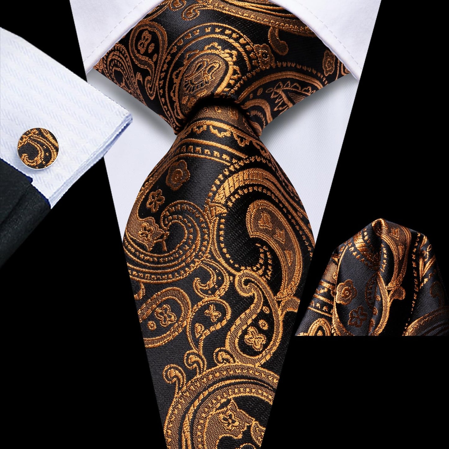 Hi-Tie Black Gold Extra Long Ties for Men 70''Silk Paisly Men's Ties Set Necktie and Pocket Square Cufflinks for Wedding