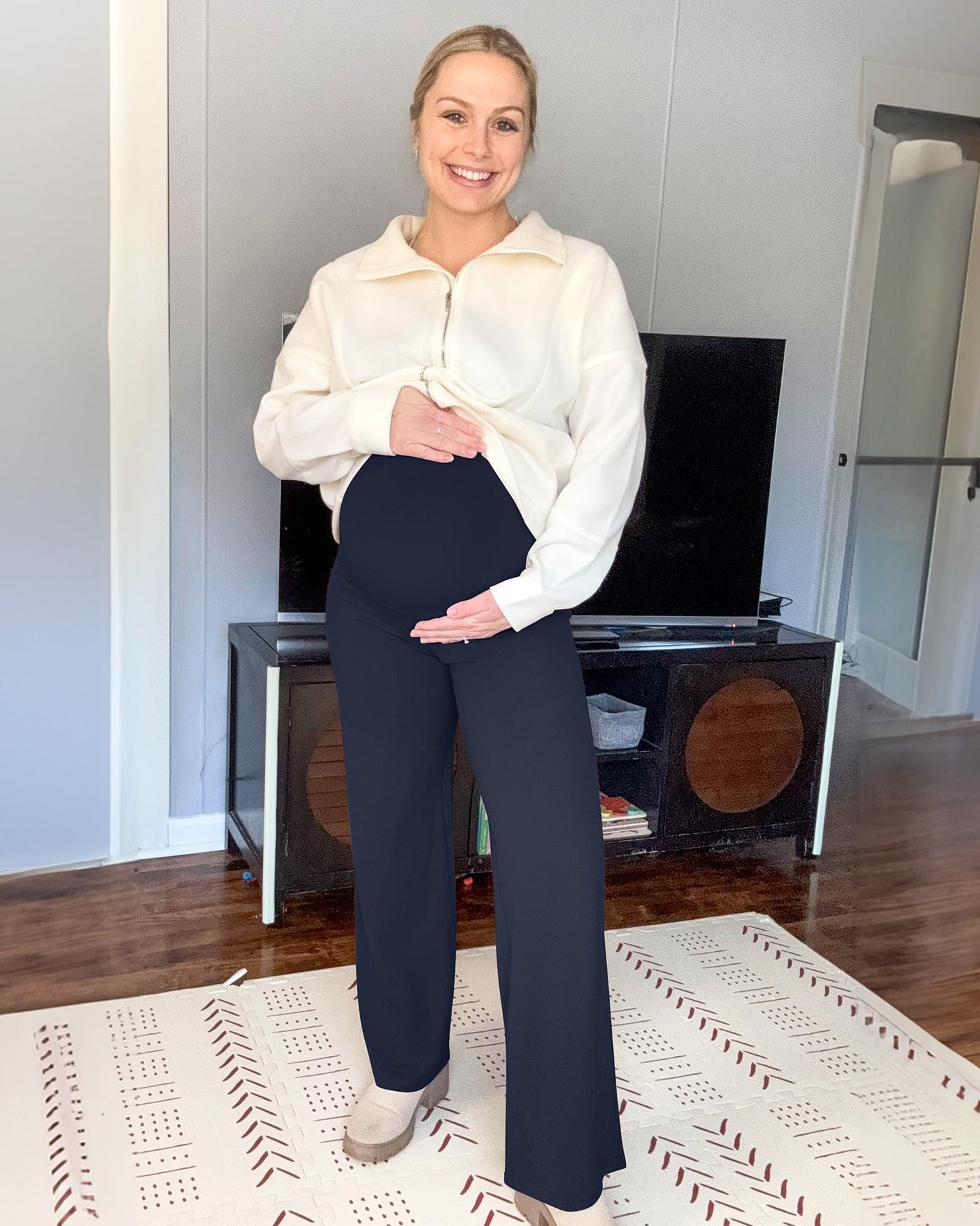 G4Free Maternity Pants for Women Casual Loose Wide Leg Cozy Pant Pregnancy Clothes Yoga Dress Work Trousers(Dark Blue,XS,32")