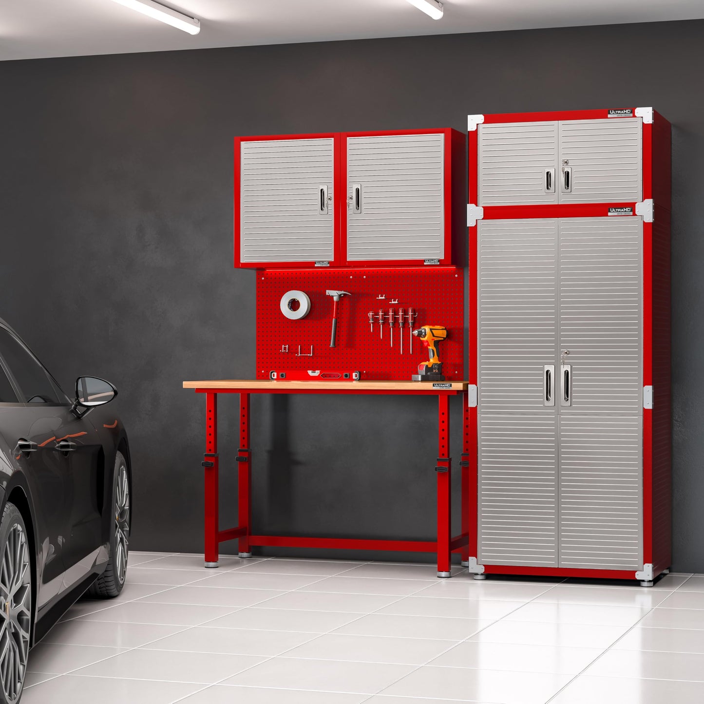 Seville Classics UltraHD Heavy Duty Workbench Table w/Solid Wood Top, 1000 lbs. Weight Capacity Workstation for Garage, Warehouse, Workshop, Red, 60" W x 24" D x 28.5" to 42" H Desktop