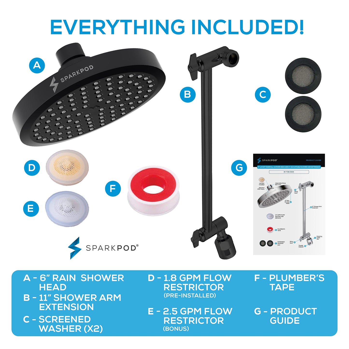 SparkPod Round Rain Shower Head with Extension Arm - Height Adjustable Shower Head with High Pressure Performance - Easy 1-Minute Installation (11" Arm Extension, Midnight Black Matte)