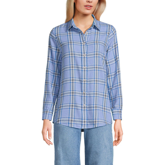 Lands' End Womens Flannel Boyfriend Long Sleeve Shirt Sea Spray Blue Plaid Tall Large