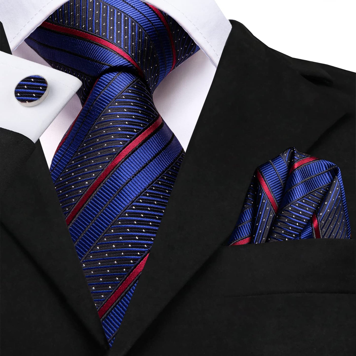 Hi-Tie Men's Neckties Silk Blue Extra Long Ties for Men 70 Inch Men's Ties and Pocket Square Cufflinks Set for Wedding
