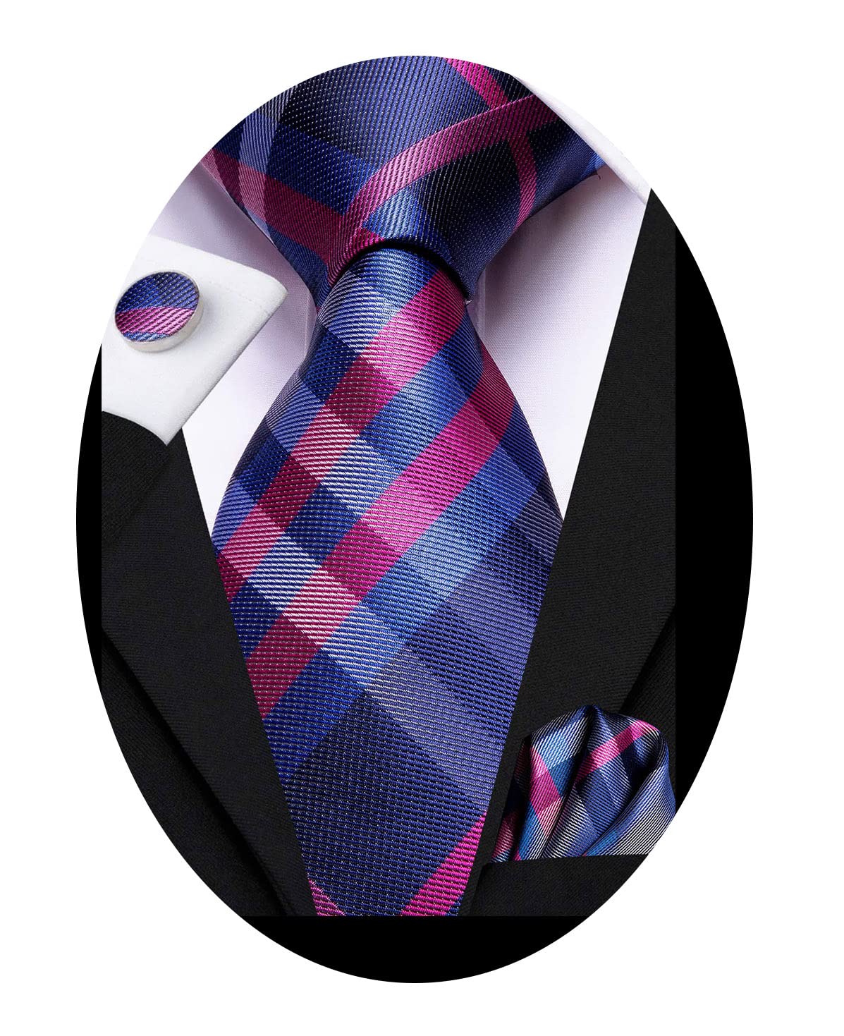 Hi-Tie Navy Blue Rose Ties for Men 70'' Silk Men's Ties Set Plaid Checks Necktie and Pocket Square Cufflinks for Wedding