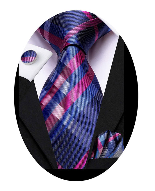 Hi-Tie Navy Blue Rose Ties for Men 70'' Silk Men's Ties Set Plaid Checks Necktie and Pocket Square Cufflinks for Wedding