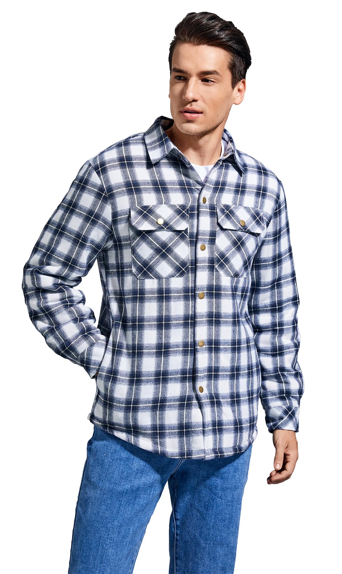 Puwasa Men's Lightweight Cotton Jacket Fleece Lined Flannel Jacket Button Up Shirts Long Sleeve Winter Coat Blue X-Large Tall