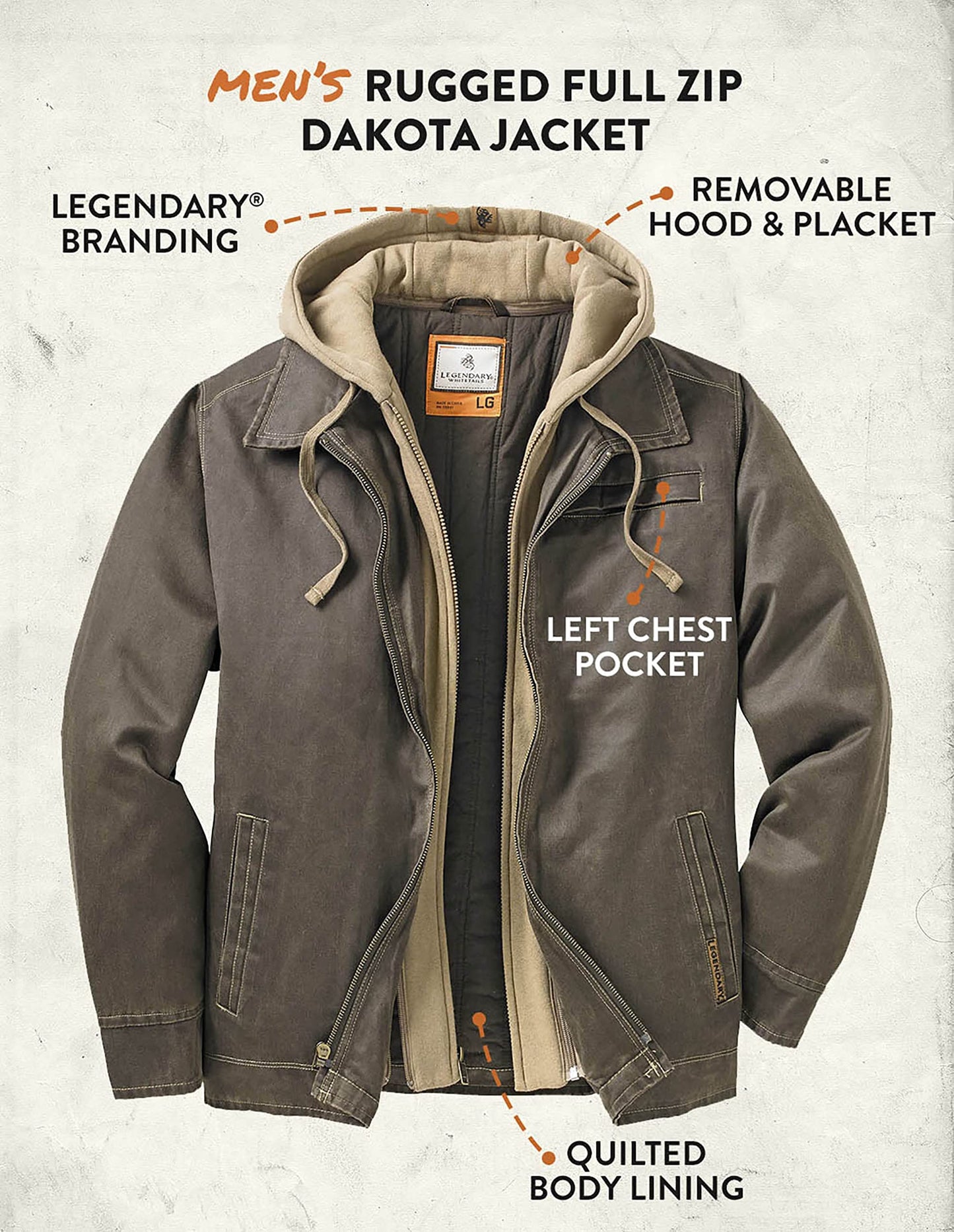 Legendary Whitetails Men's Casual Coat with Hood Waxed Cotton Water Resistant, Tobacco, 4X-Large Tall