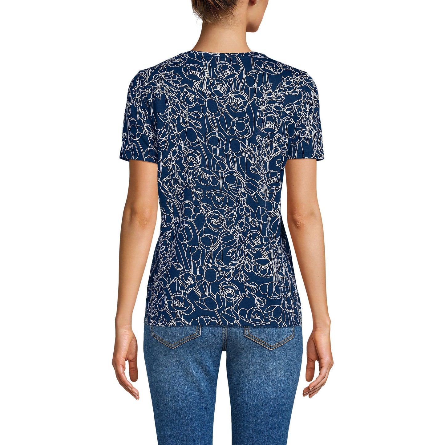Lands' End Womens Short Sleeve Relaxed Supima Cotton Crew Neck T Shirt Deep Sea Navy Poetic Floral Tall Medium