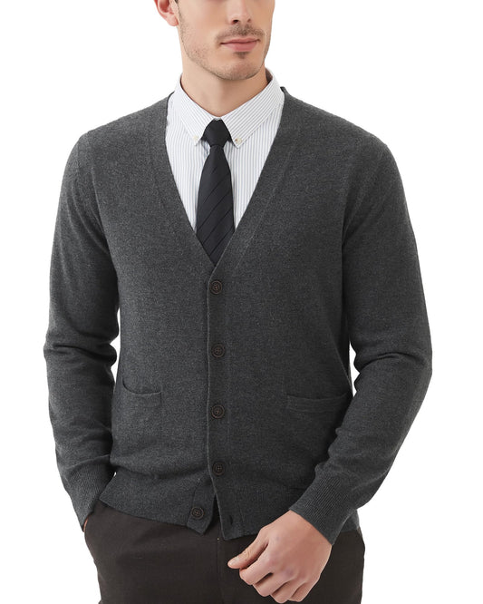 Kallspin Men's Tall Cardigan Sweaters Wool Blend V Neck Button Down Sweaters with Pockets(Charcoal, 3XL-Tall)