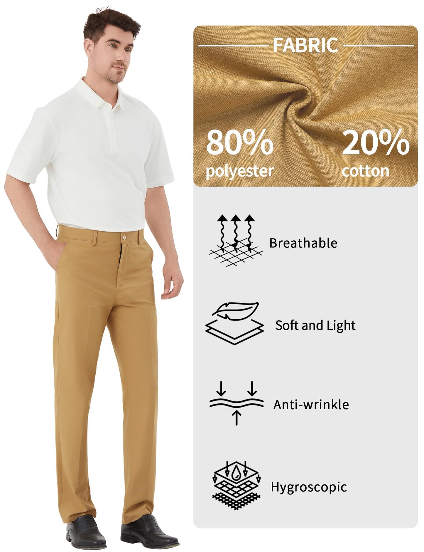 Men's Tall Classic Fit Flex Flat Front Dress Pants Formal Pants for Business & Office Khaki