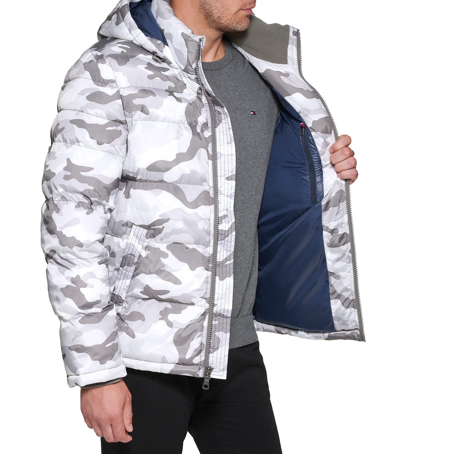 Tommy Hilfiger Men's Hooded Puffer Jacket, White Camouflage, 2X-Tall