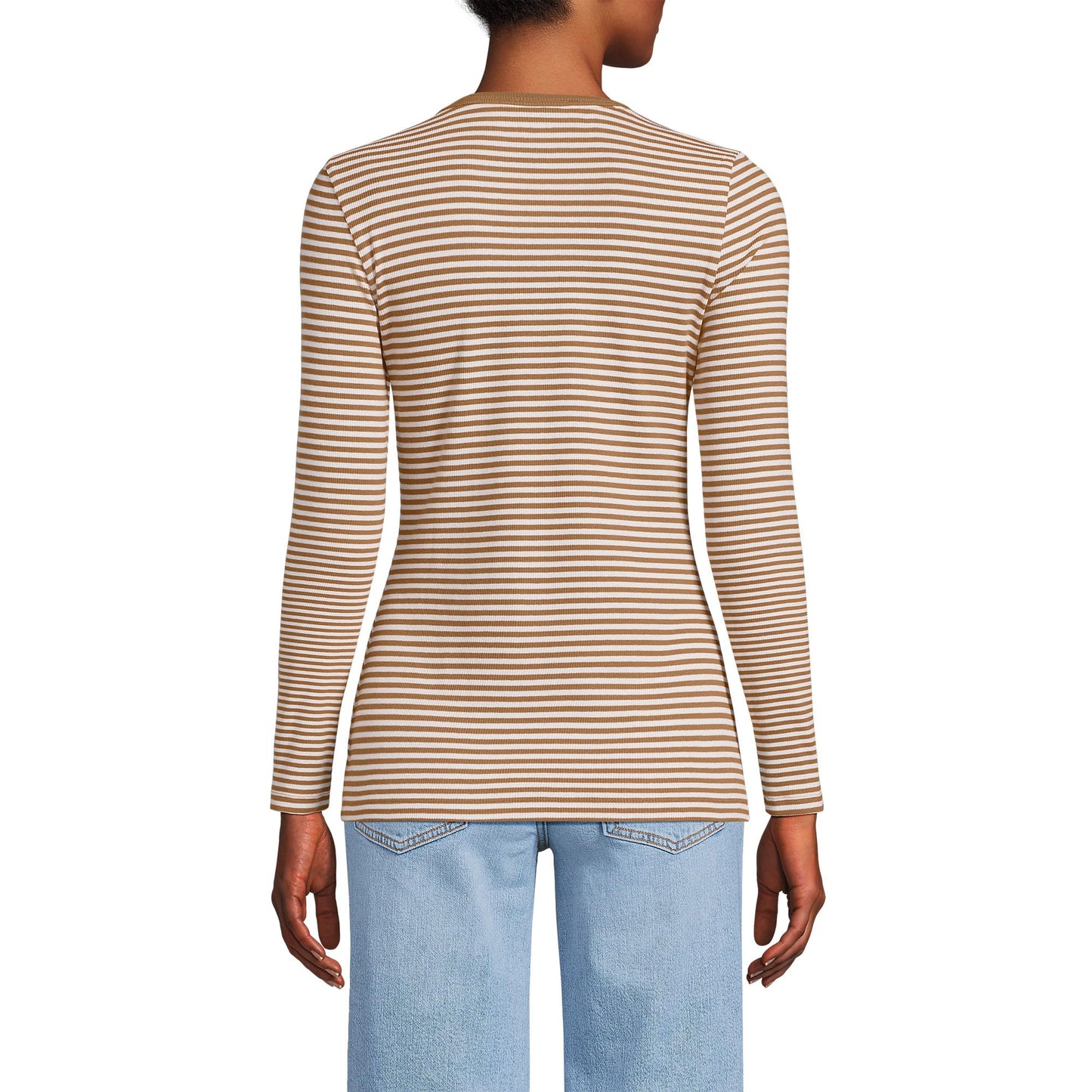 Lands' End Womens Long Sleeve Micro Rib Crew Canyon Camel Tiny Stripe Tall Large