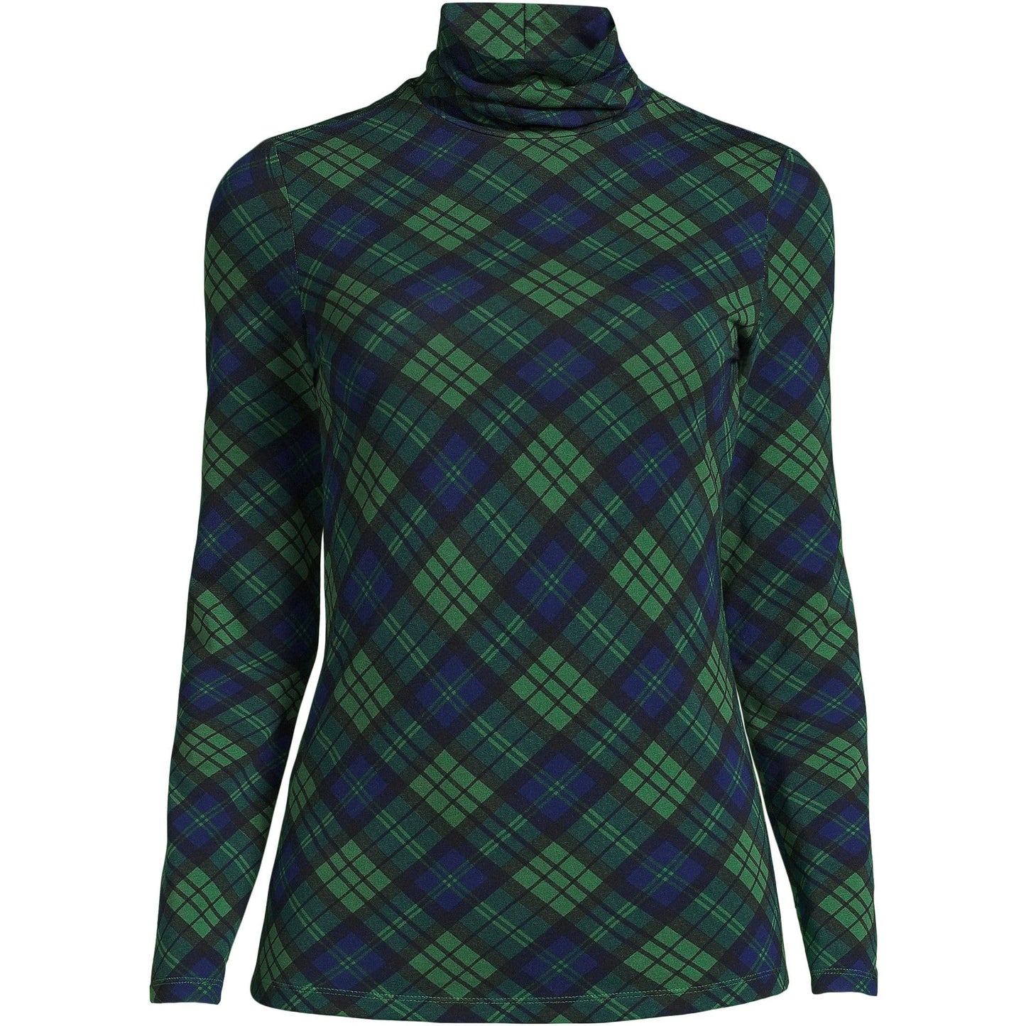 Lands' End Womens Long Sleeve Shaped LWCM Turtleneck Light Emerald Blackwatch Plaid Tall X-Large