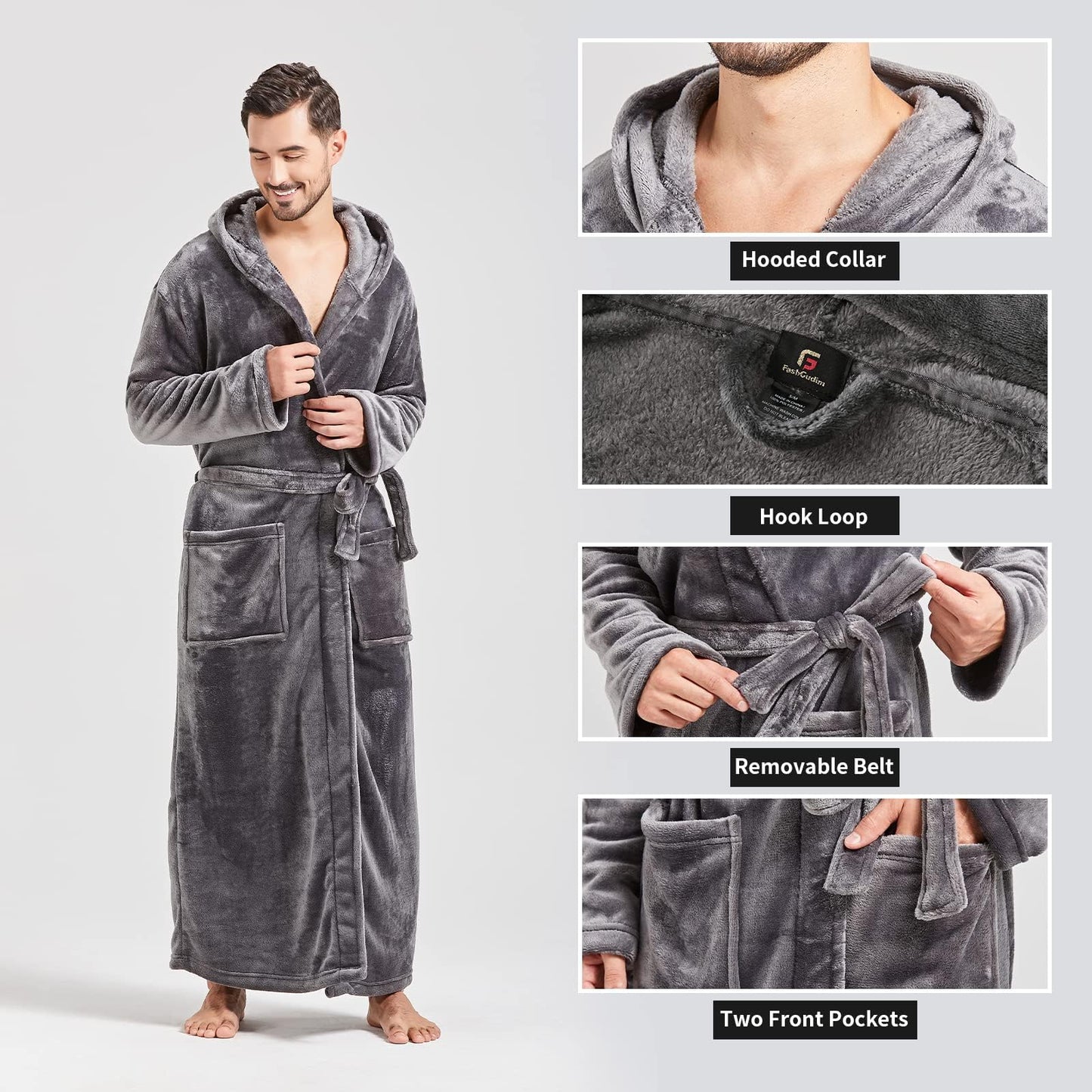 FashGudim Mens Robes Big and Tall with Hood Flannel Fleece Men Bathrobe with Hood Full Length Plush Long Robe Warm House Robe (Grey, 5XL)