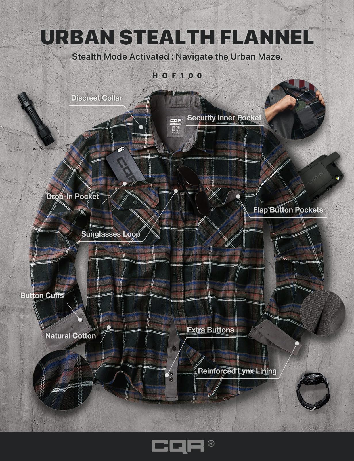CQR Men's Flannel Button Down Shirts, Soft Cotton Plaid Long Sleeve Tactical Work Shirt, Warm Outdoor Essential with Pocket, Stealth Coal Miner, Large Tall