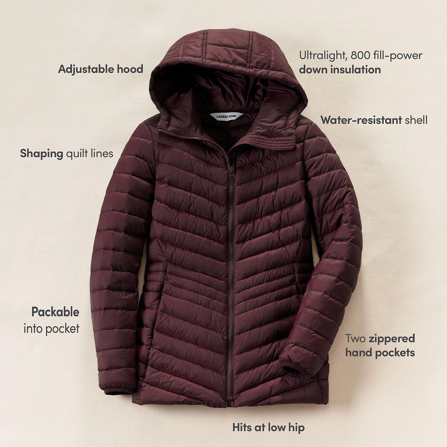 Lands' End Womens Packable Chevron Hooded Long Wanderweight Down Jacket Lush Burgundy Tall X-Large