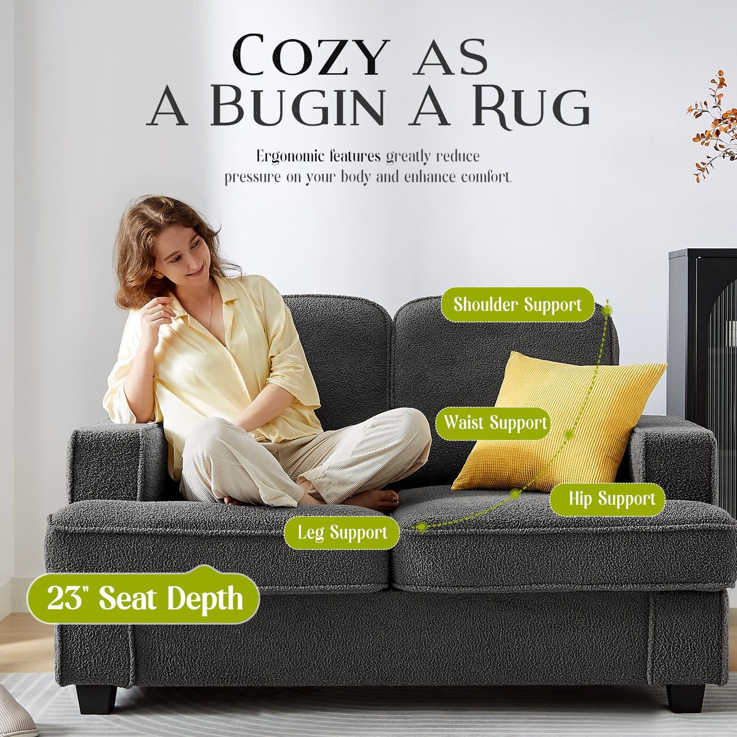 Couches for Living Room, 61” Cloud Couch in Soft Teddy Fleece, Removable Cover, Easy Assembly, Modern Sofa for Living Room/Bedroom/Office/Apartment, Dark-Gray