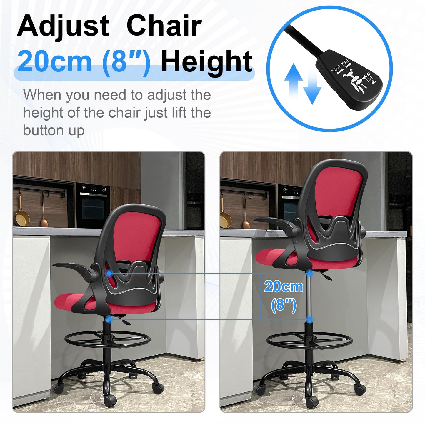 Primy Drafting Chair Tall Office Chair with Flip-up Armrests Executive Ergonomic Computer Standing Desk Chair with Lumbar Support and Adjustable Footrest Ring (Fire Brick)